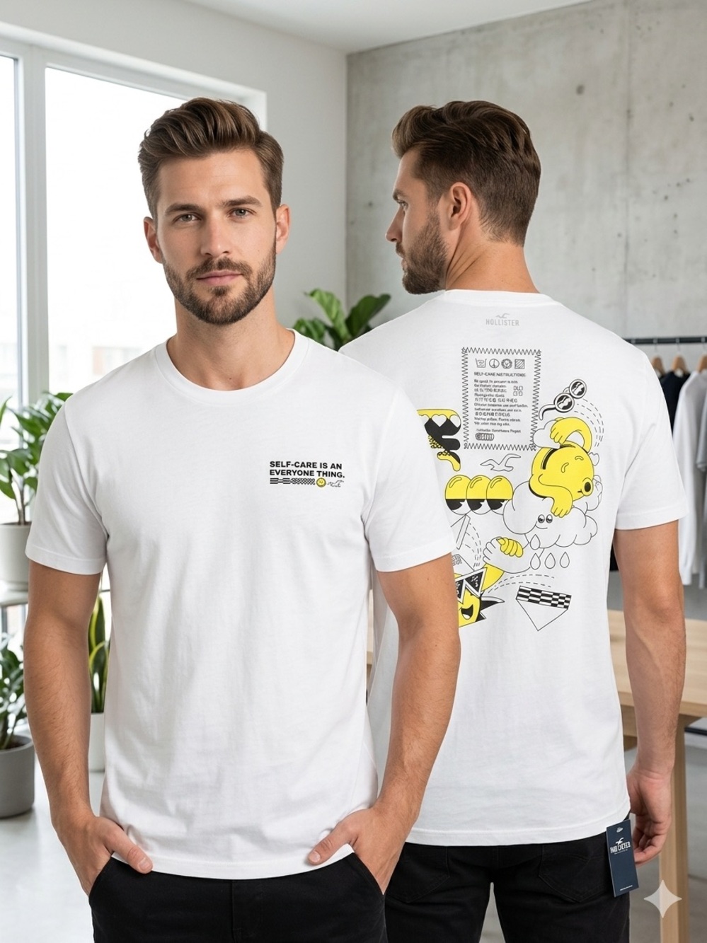 Hollister White Short-Sleeve Graphic Tee with Yellow Back Art